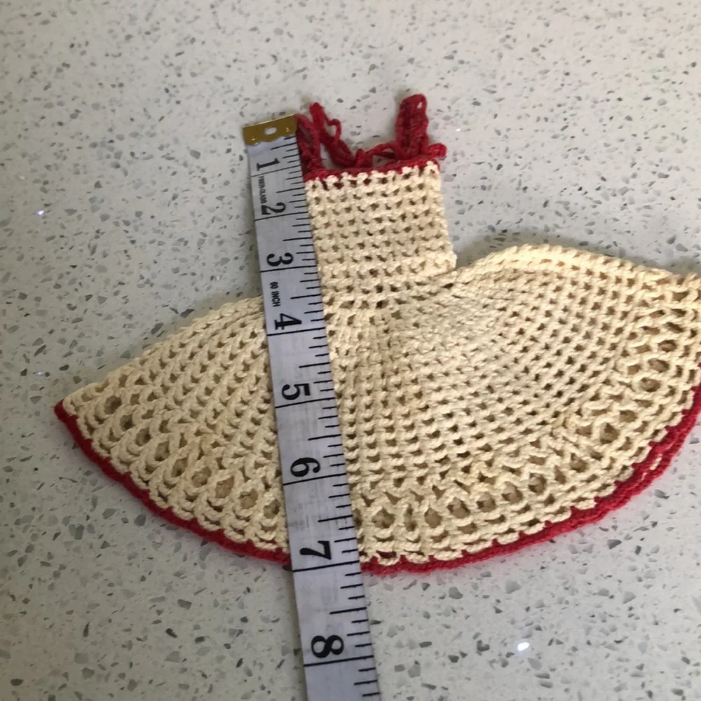 Vintage 50’s doll/kitchen hand crocheted red and cream dress